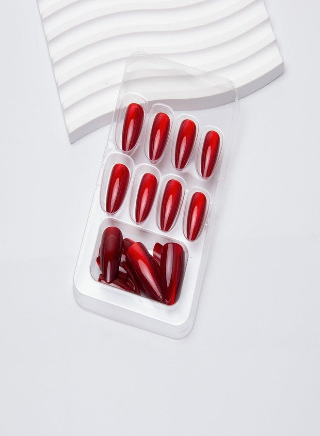 TOGZOM Red Almond Press on Cat Eye Acrylic Nails Medium Solid Red Color Fake Reusable Glossy Artificial Ombre Glue on for Women Girls Daily Wear Manicure 24Pcs - Image 4